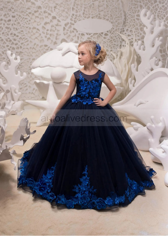 Navy Blue Beaded Lace Tulle Long Flower Girl Dress Pageant Dress Navy Blue Beaded Lace Tulle Long Flower Girl Dress Pageant Dress